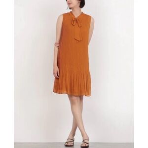 DKNY Accordion Pleated Chiffon Bow Neck Mini Dress Rust Orange Size 8